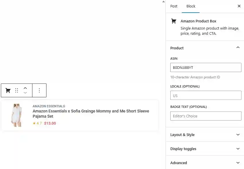 Amazon Product Box block in editor with sidebar settings